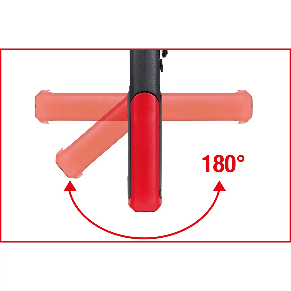 Een rode werklamp met een beweegbare arm die 180 graden kan draaien. De afbeelding is gemarkeerd met een pijl en de inscriptie '180°'.
